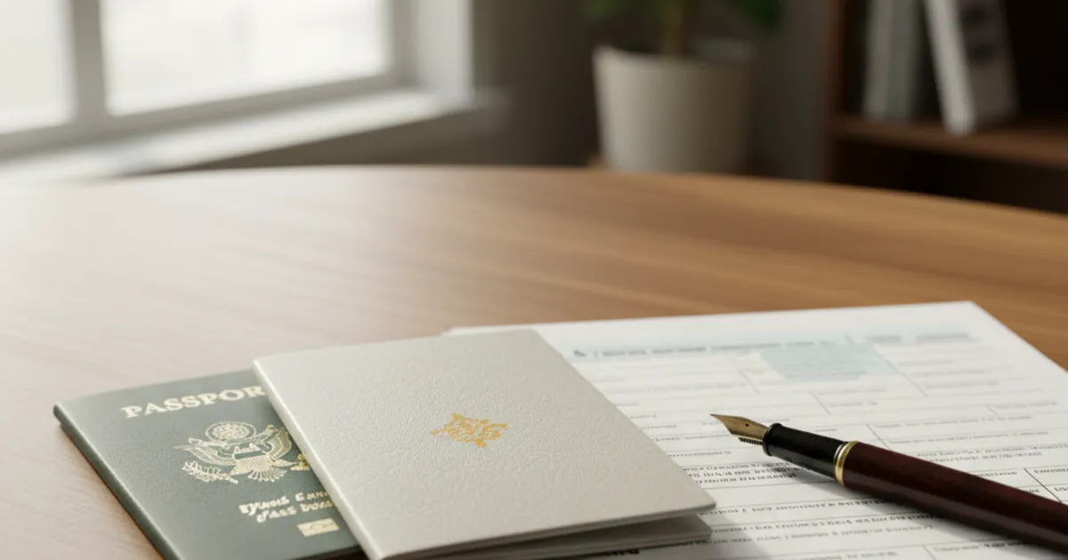 A dual passport holder reviewing US tax paperwork at a desk abroad