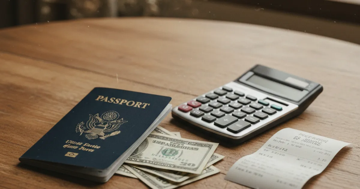 A person reviewing the cost of renouncing US citizenship at a desk with a passport