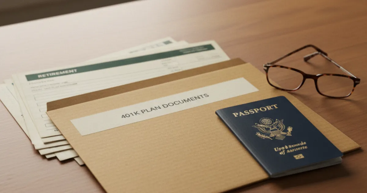 Retirement account statements and a passport on a desk