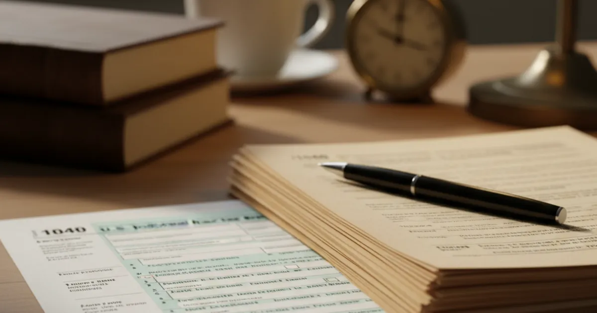 IRS Form 8854 and a final-year tax return on a desk
